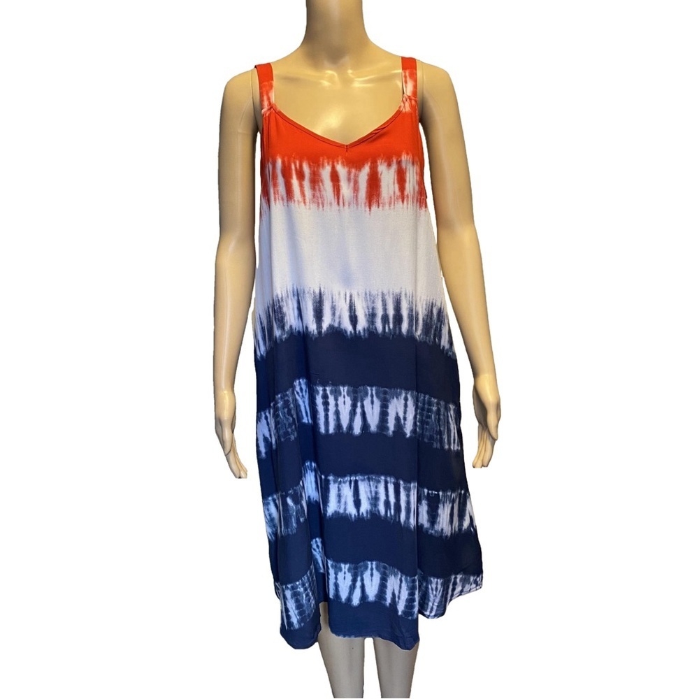 Sonoma Red White & Blue Lightweight Midi Dress with Tie-Dye Pattern Size Medium